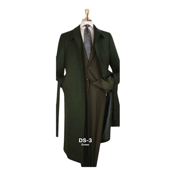 MEN'S BLACK DIAMOND 100% WOOL FULL LENGTH GREEN DUSTER COAT DS-3. - Picture 2 of 2